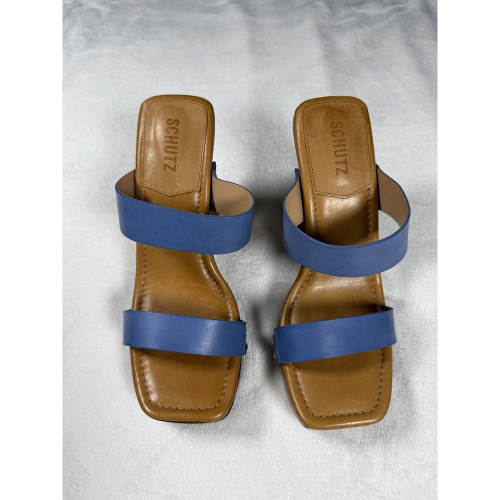 SCHUTZ Aryana Leather Sandals Womens 8.5B Blue Strappy Platform Block Heel